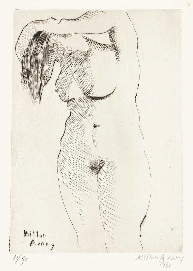 MILTON AVERY Nude Combing Hair.: MILTON AVERY Nude Combing Hair. Drypoint, 1950. 218x156 mm; 8½x6 inches, full margins. Signed, dated "1961" and numbered 11/90 in pencil, lower margin. A very good impression of this scarce print