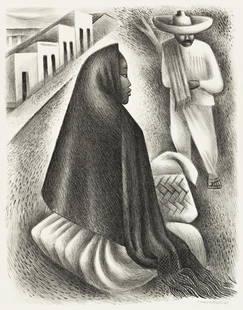 MIGUEL COVARRUBIAS Mexican Street Scene.: MIGUEL COVARRUBIAS Mexican Street Scene. Lithograph, circa 1940. 317x247 mm; 12½x9¾ inches, full margins. Edition of 250. Signed in pencil, lower right. Published by Associated American Arti