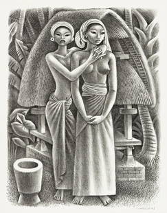 MIGUEL COVARRUBIAS Rice Granary, Bali.: MIGUEL COVARRUBIAS Rice Granary, Bali. Lithograph, circa 1943. 310x240 mm; 12x9½ inches, full margins. Edition of 250. Signed in pencil, lower right. Published by Associated American Artists, New