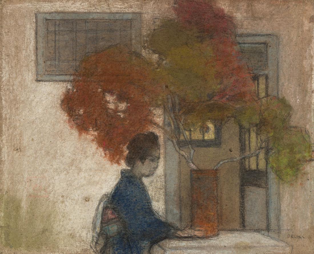 EMIL ORLIK Geisha Arranging Flowers.: EMIL ORLIK Geisha Arranging Flowers. Color pastel on gray handmade wove paper laid down on board, 1900. 275x331 mm; 10x13 inches. Signed in black pastel, lower right recto. Ex-collection private colle