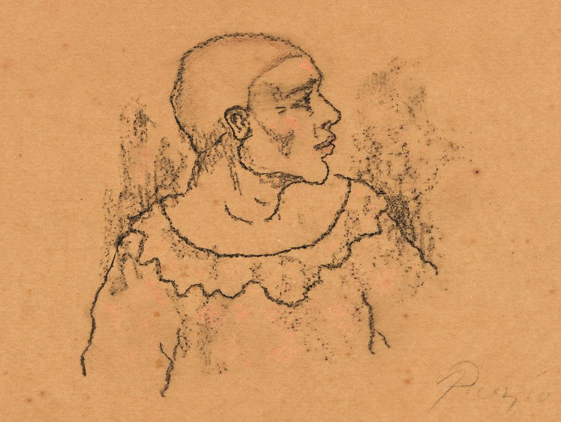 PABLO PICASSO Arlequin de profil à la collerette.