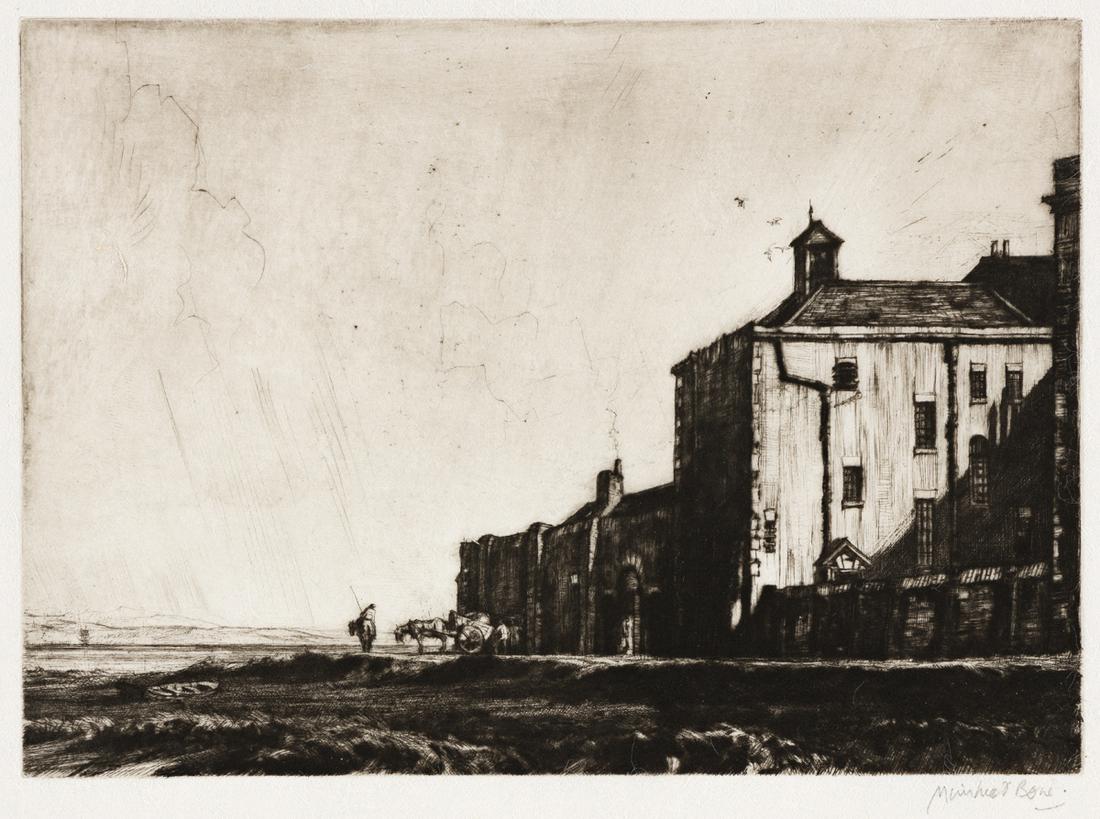 MUIRHEAD BONE Ayr Prison.: MUIRHEAD BONE Ayr Prison. Drypoint, 1905. 127x177 mm; 5x7 inches, wide margins. Edition of 40. Signed in pencil, lower right. A superb, richly-inked impression of this very scarce print. Dodgson 179.