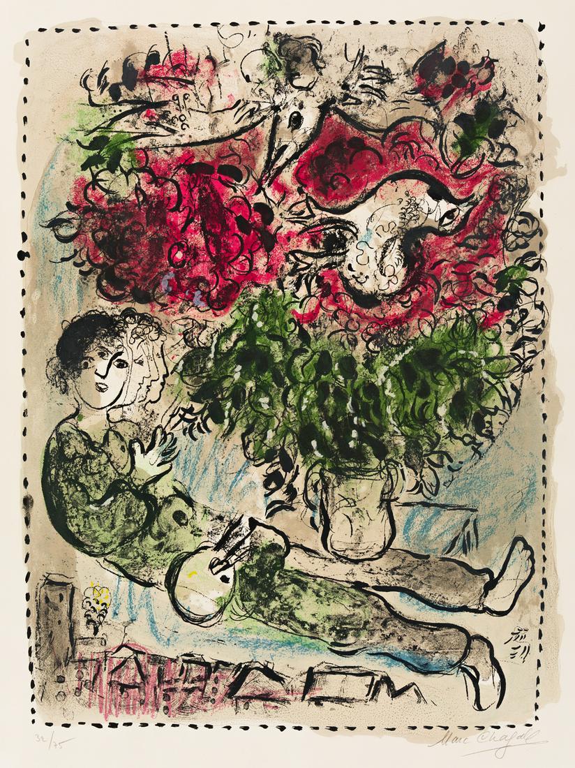 MARC CHAGALL Le Bouquet du Peintre.: MARC CHAGALL Le Bouquet du Peintre. Color lithograph, 1967. 670x500 mm; 26½x19¾ inches, full margins. Signed and numbered 32/75 in pencil, lower margin. Printed by Mourlot, Paris. Published 
