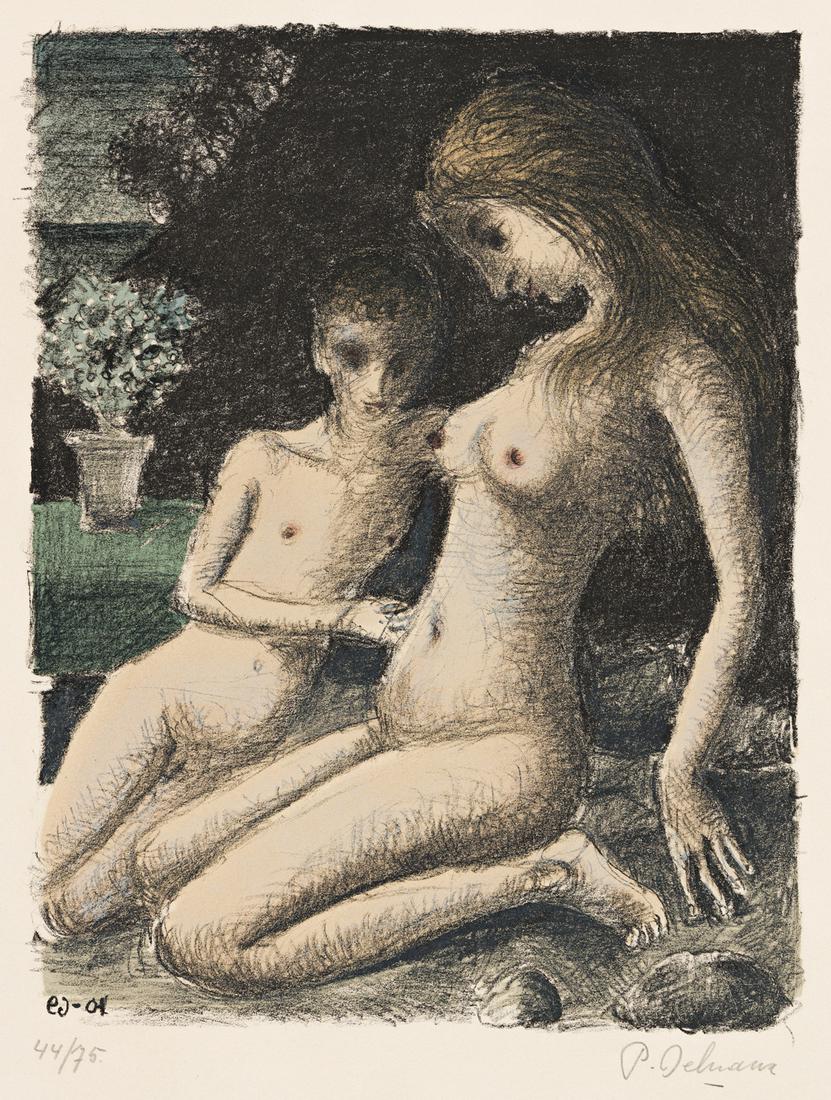 PAUL DELVAUX Azalée bleue.: PAUL DELVAUX Azalée bleue. Color lithograph, 1972. 305x235 mm; 12x9¼ inches, full margins. Signed and numbered 44/75 in pencil, lower margin. Published by Le Bateau Lavoir, Paris. A very goo