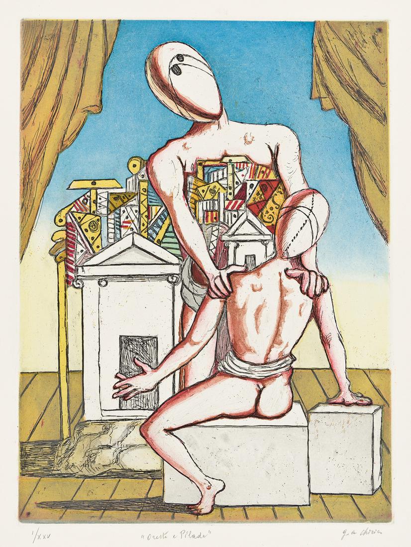 GIORGIO DE CHIRICO Oreste e Pilade, 2e version.: GIORGIO DE CHIRICO Oreste e Pilade, 2e version. Color etching and aquatint, 1970. 458x336 mm; 18x13¼ inches, full margins. The Roman numeral edition of 25, aside from the Arabic numeral edition o