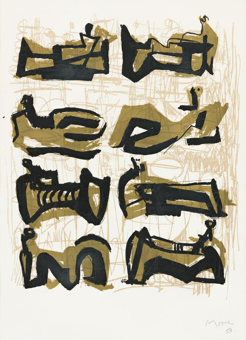 HENRY MOORE Eight Reclining Figures.: HENRY MOORE Eight Reclining Figures. Color lithograph, 1958. 298x254 mm; 11x10 inches, full margins. Edition of 300. Signed and dated in pencil, lower right. Printed by Curwen Prints, Ltd., London. Pu
