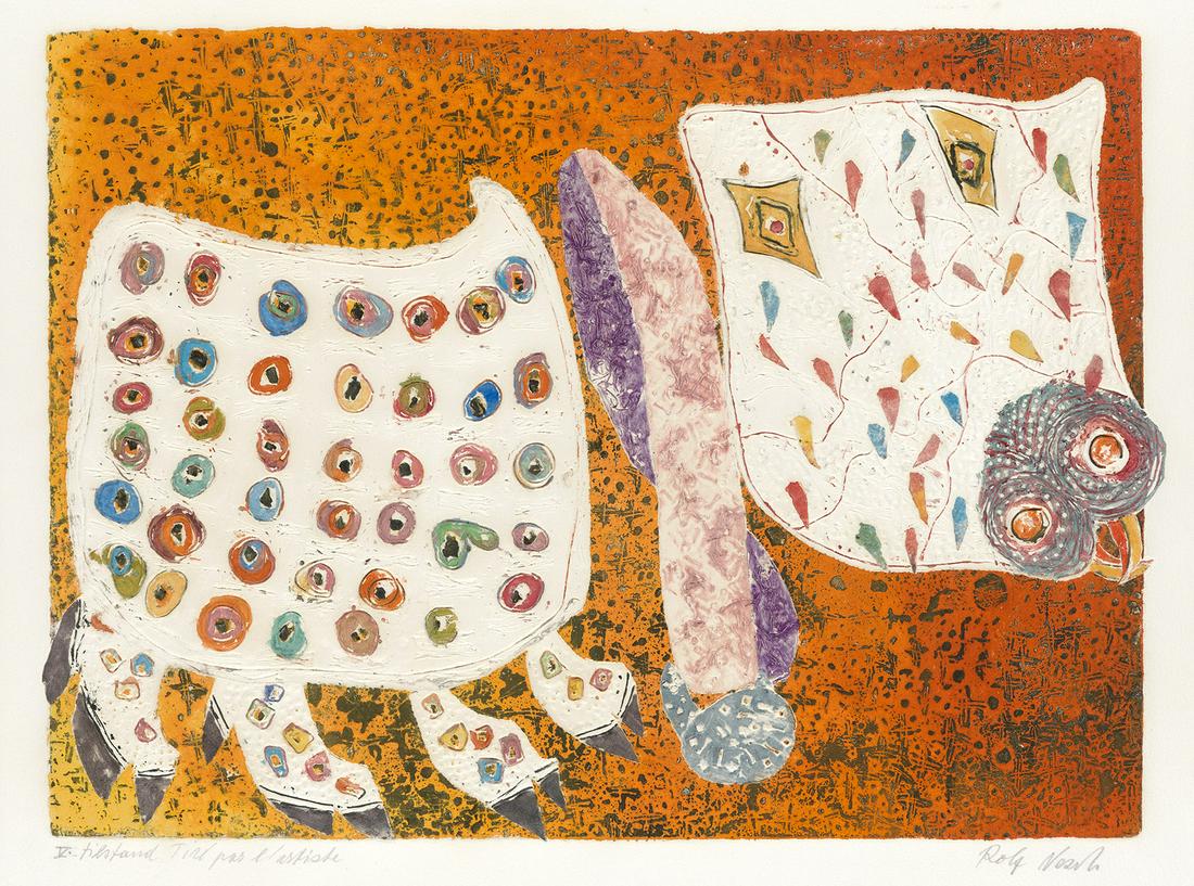 ROLF NESCH Apis.: ROLF NESCH Apis. Color metal relief print, 1968. 400x500 mm; 15¾x21 inches, full margins. Signed, titled, dated and inscribed "V tilstand Tiré par l'artiste" in pencil, lower margin. A super