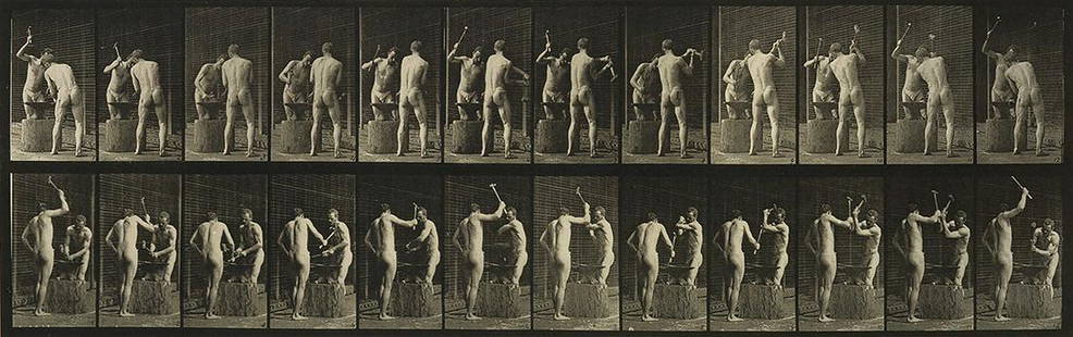 EADWEARD MUYBRIDGE (1830-1904) A selection of 7 plates: EADWEARD MUYBRIDGE (1830-1904) A selection of 7 plates from Animal Locomotion of men engaged in various activities. Collotypes, the images measuring 5x18 to 7x16 inches (12.7x45.7 to 17.8x40.6 cm.), t