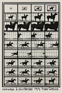 PIERRE CORDIER (1933- ) Hommage à Muybridge.: PIERRE CORDIER (1933- ) Hommage à Muybridge. Silver print, the image measuring 6¼x4¼ inches (15.9x10.8 cm.), the sheet slightly larger, with Cordier's signature, title, and date, in