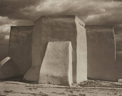 (PAUL STRAND) (1890-1976)/RICHARD BENSON (1943-2017): (PAUL STRAND) (1890-1976)/RICHARD BENSON (1943-2017) St. Francis Church, Ranchos de Taos. Palladium print printed by Benson, the image measuring 6¾x8½ inches (17.2x21.5 cm.), the sheet sligh