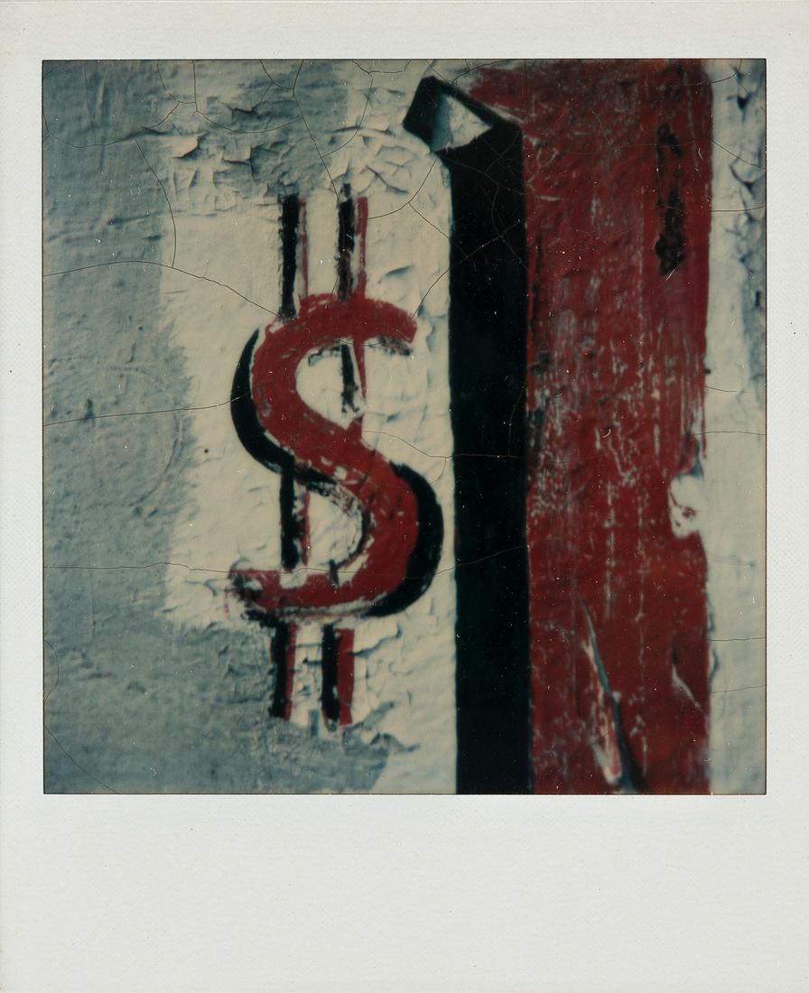 WALKER EVANS (1903-1975) $ (painted sign).: WALKER EVANS (1903-1975) $ (painted sign). Unique Polaroid, the image measuring 3 inches (7.6 cm.) square, the sheet 4x3 inches (10.5x8.6 cm.), with Evans' signature hand stamp, on verso. Circa 1973