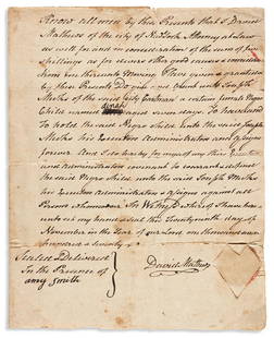 (SLAVERY AND ABOLITION.) David Mathews. Deed of a: (SLAVERY AND ABOLITION.) David Mathews. Deed of a newborn girl sold by the future mayor of New York. Autograph Document Signed by Mathews as grantor with his wax seal, also signed by witness Amy