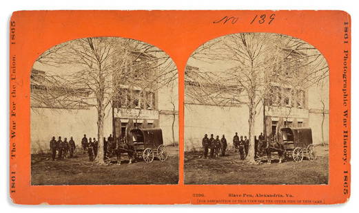 (SLAVERY AND ABOLITION.) Stereoview of the infamous: (SLAVERY AND ABOLITION.) Stereoview of the infamous slave pen of "Price, Birch & Co., Dealers in Slaves." Pair of albumen photographs, 3 x 3 inches, on original 4 x 7-inch printed mount; minor wear,