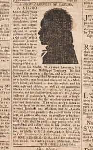 (SLAVERY AND ABOLITION.) Runaway slave advertisement: (SLAVERY AND ABOLITION.) Runaway slave advertisement illustrated with "A Good Likeness of Sancho," in a full issue of the Columbian Centinel. 4 pages, 20¼ x 13½ inches, on one folding