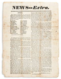 (SLAVERY AND ABOLITION.) Broadside announcing the: (SLAVERY AND ABOLITION.) Broadside announcing the formation of an "Anti-Negro Stealing Society" to fight the Underground Railroad. Letterpress broadside newspaper extra, 11¾ x 9 inches, with