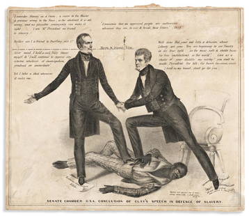 (SLAVERY AND ABOLITION.) Senate Chamber U.S.A.: (SLAVERY AND ABOLITION.) Senate Chamber U.S.A. Conclusion of Clay's Speech in Defence of Slavery. Lithograph, 12 x 10¼ inches; repaired 1-inch puncture in image area, moderate soiling and