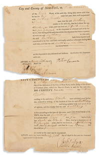 (SLAVERY AND ABOLITION.) Certificate of freedom issued: (SLAVERY AND ABOLITION.) Certificate of freedom issued in New York. Partly printed document, completed in manuscript and signed twice by Judge Charles Dickinson and once by a witness. One page,