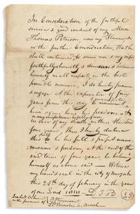 (SLAVERY AND ABOLITION.) Conditional manumission to: (SLAVERY AND ABOLITION.) Conditional manumission to "Thomas Peterson, now my slave" granted by a prominent New York politician. Contemporary manuscript transcript, one page, 11¾ x 7½