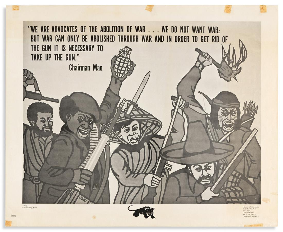 (BLACK PANTHERS.) Emory Douglas, artist. We Are: (BLACK PANTHERS.) Emory Douglas, artist. We Are Advocates of the Abolition of War. Poster, 18 x 22 inches; 6 short cello tape stains in margins, minor wear. San Francisco, CA: Black Panther Party, und