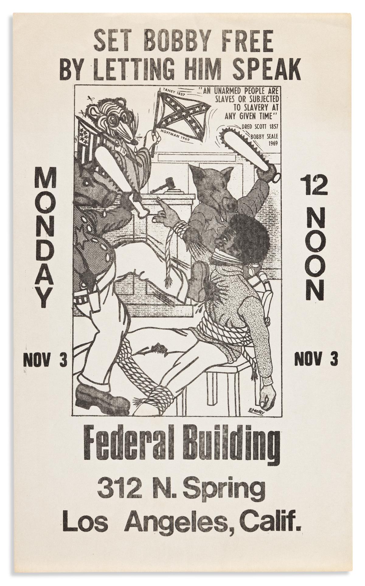 (BLACK PANTHERS.) Set Bobby Free by Letting Him Speak.: (BLACK PANTHERS.) Set Bobby Free by Letting Him Speak. Flier, 14 x 8½ inches; minimal wear. Los Angeles, CA: 3 November [1969] Flier for a protest in support of Bobby Seale at the Los Angeles Fed