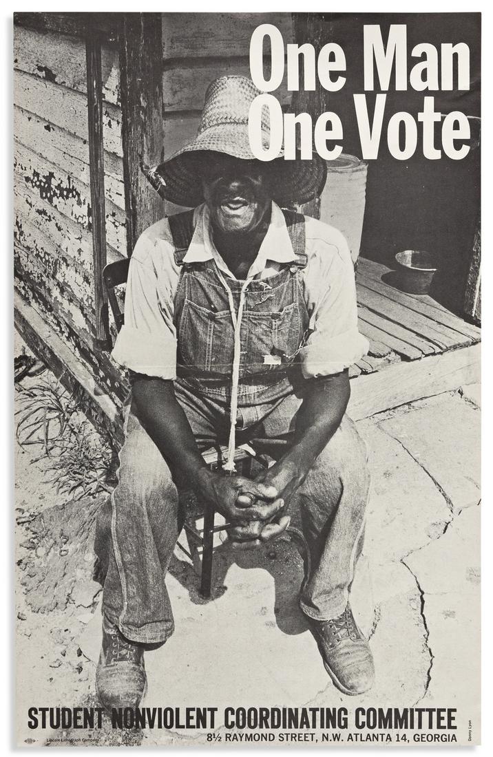 (CIVIL RIGHTS.) Danny Lyon, photographer. One Man, One: (CIVIL RIGHTS.) Danny Lyon, photographer. One Man, One Vote. Poster, 22 x 14 inches; horizontal fold, paper clip stain on verso. minimal wear. Atlanta, GA: Lincoln Lithograph Company, circa 1963 Part