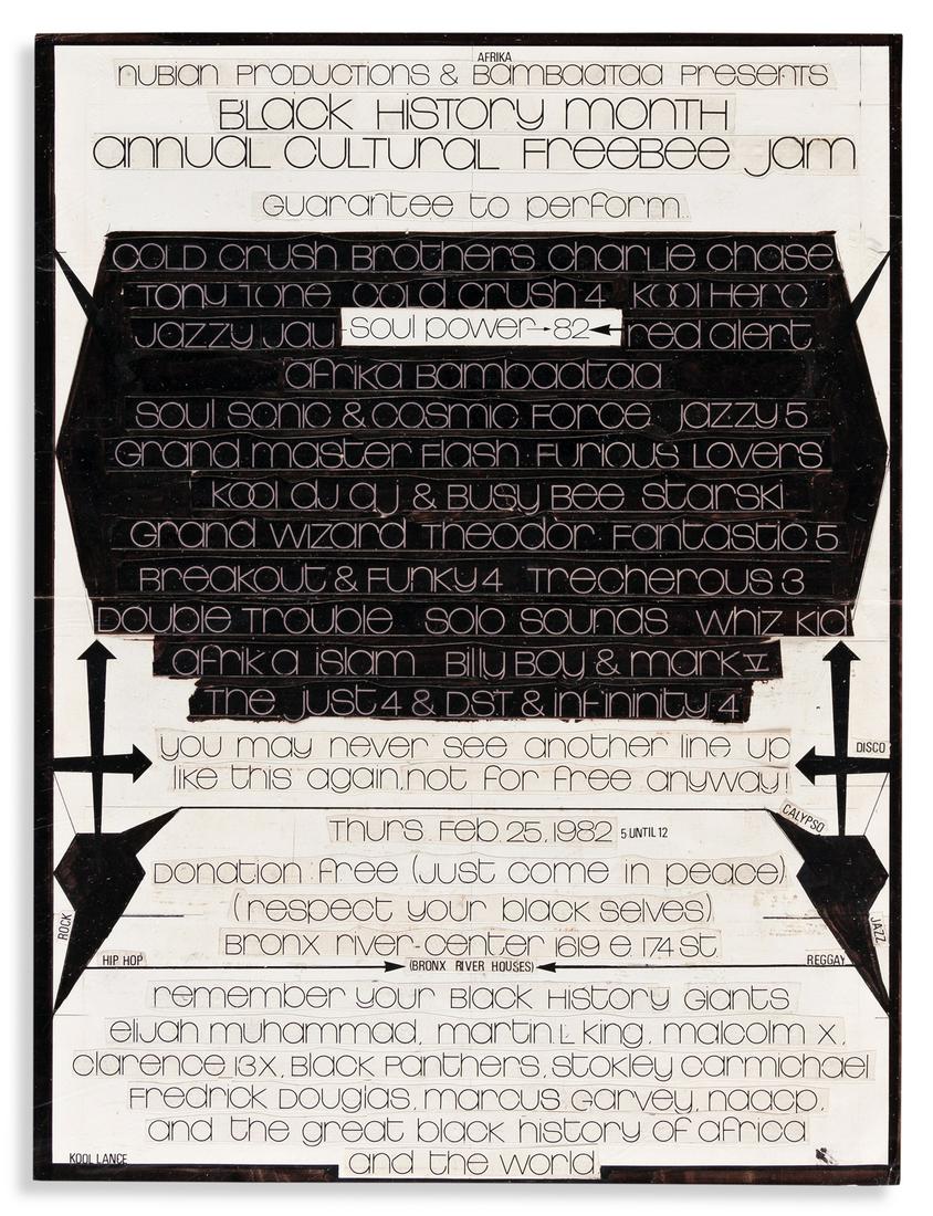 (MUSIC--HIP HOP.) Kool Lance. Original maquette for the: (MUSIC--HIP HOP.) Kool Lance. Original maquette for the 1982 Cultural Freebee Jam flyer, with the printed flyer. Printed text, adhesive and marker on paper, 12 x 9 inches; minor wear, tipped to modern