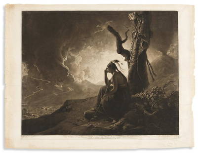 John Raphael Smith, engraver; after Joseph Wright. The: John Raphael Smith, engraver; after Joseph Wright. The Widow of an Indian Chief Watching the Arms of Her Deceas'd Husband. Mezzotint, 20 x 26½ inches; moderate edge wear, light creasing. -