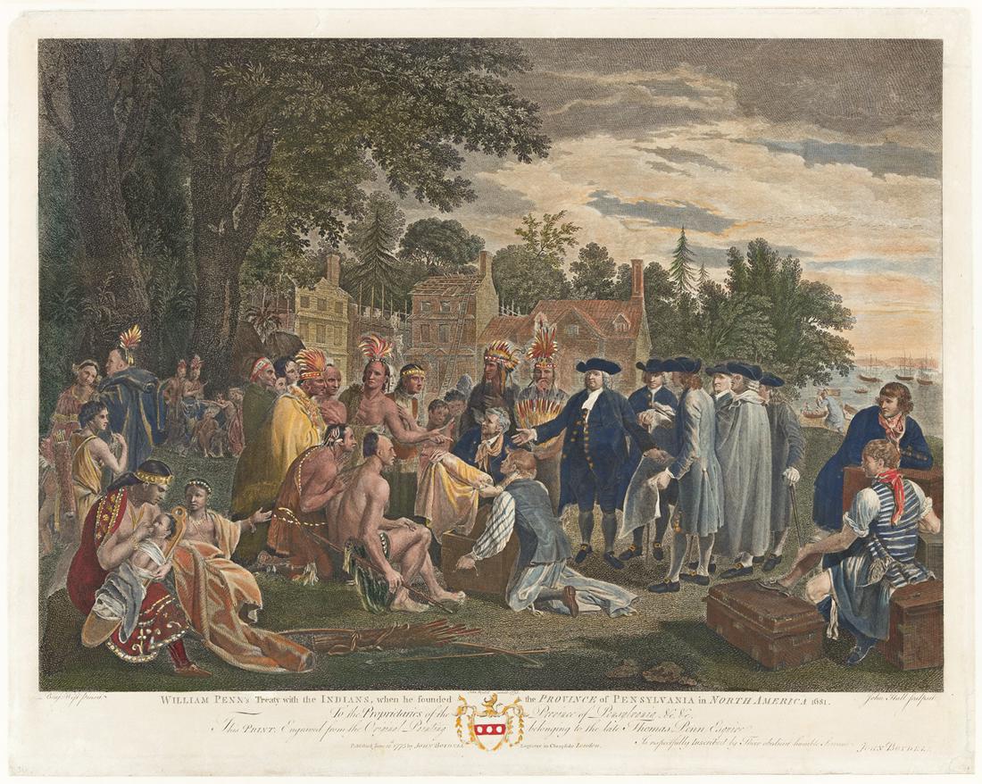 (COLONIAL ERA.) John Hall, engraver; after West.: (COLONIAL ERA.) John Hall, engraver; after West. William Penn's Treaty with the Indians, when he Founded the Province of Pensylvania. Hand-colored etching, 19¾ x 24¾ inches; light wear and c