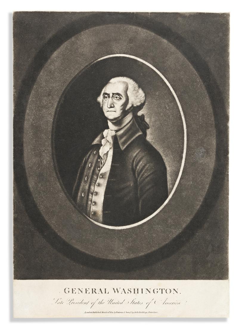 (WASHINGTON.) After Gilbert Stuart? George Washington,: (WASHINGTON.) After Gilbert Stuart? George Washington, Late President of the United States of America. Mezzotint, 13¾ x 9¾ inches; minor wear, 2-inch closed tear, 3½-inch fold across bo