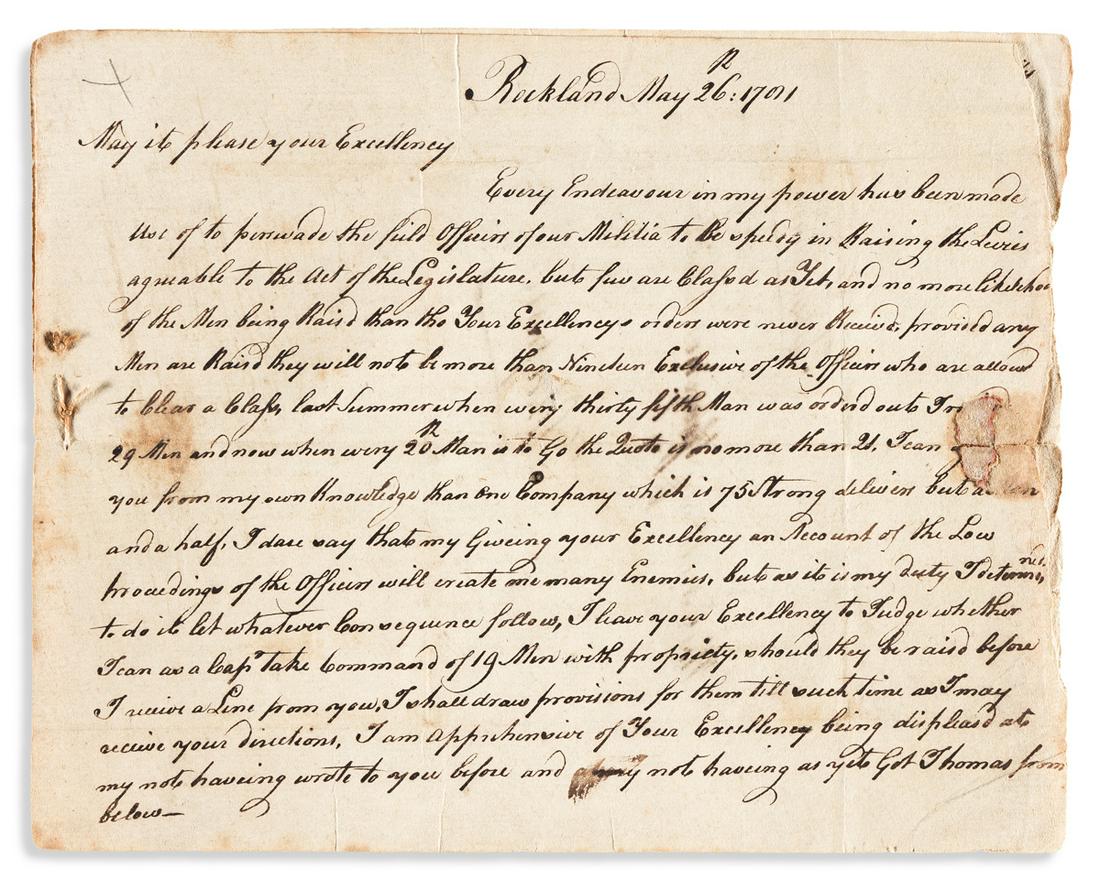 (AMERICAN REVOLUTION--1781.) Jonathan Lawrence, Jr.: (AMERICAN REVOLUTION--1781.) Jonathan Lawrence, Jr. Letter by a young officer attempting to raise a new company of New York troops. Autograph Letter Signed to George Clinton in Poughkeepsie as Governo