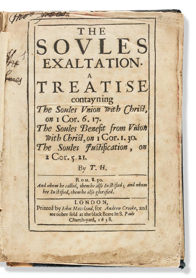 (CONNECTICUT.) [Thomas Hooker.] The Soules Exaltation.: (CONNECTICUT.) [Thomas Hooker.] The Soules Exaltation. [16], 311 pages. 4to, later ¼ calf, boards detached, needs binding; minor wear to title page, lacking free endpapers, minimal worming toward