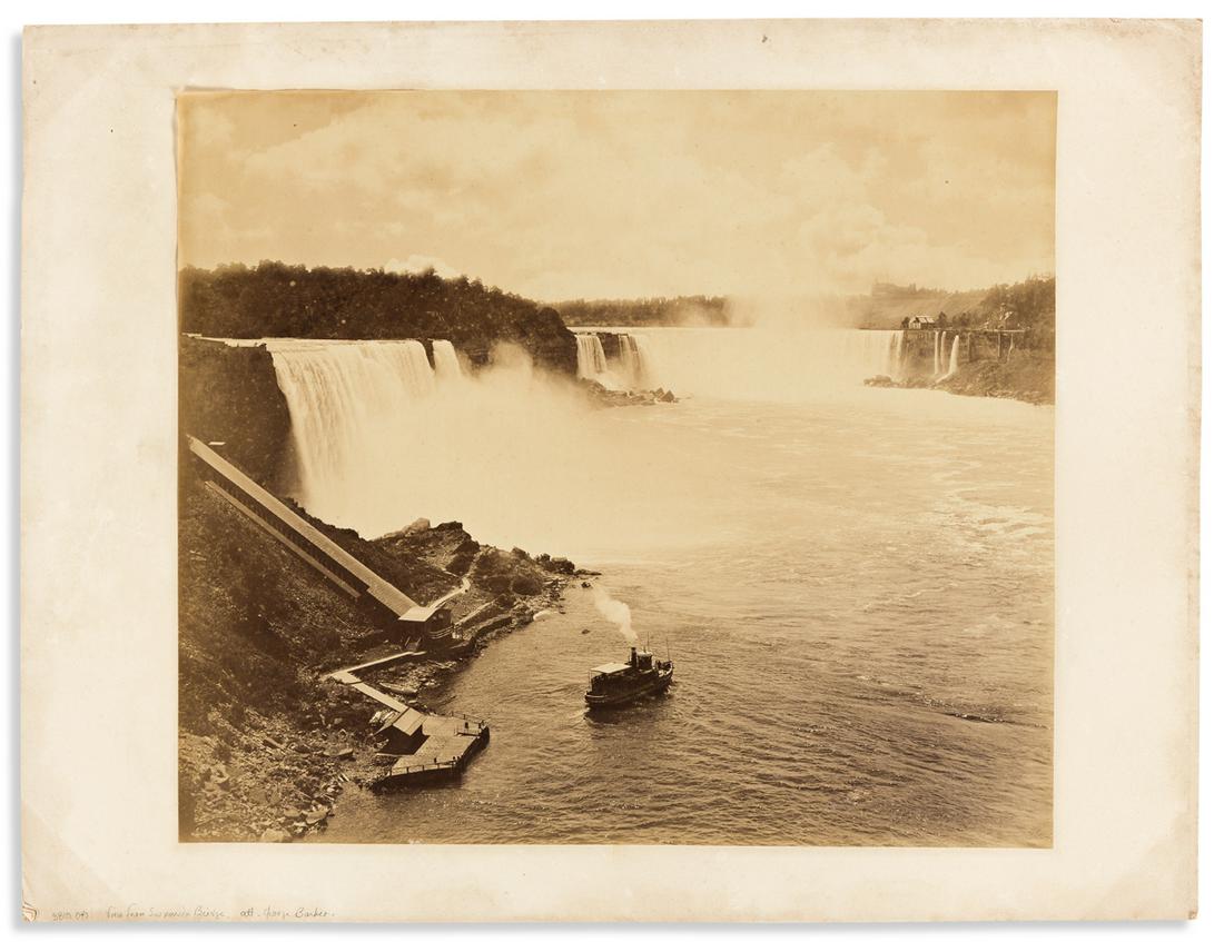 (NEW YORK.) [George Barker, attributed to.] Mammoth: (NEW YORK.) [George Barker, attributed to.] Mammoth photograph of Niagara Falls from the suspension bridge. Albumen photograph, 16½ x 19 inches, or original plain mount; lightly toned. - [Niagara