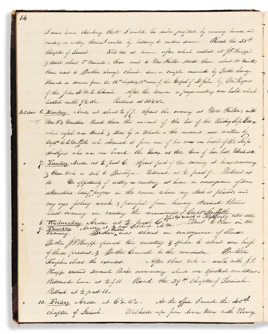 (NEW YORK CITY.) James Horton Taft. Diary of a young: (NEW YORK CITY.) James Horton Taft. Diary of a young man in 1840s Manhattan. 130 manuscript pages. 4to, contemporary ½ sheep, moderate wear; minimal wear to contents. - Vp, 23 August 1845 to 9 Au