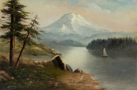 GRAFTON TYLER BROWN (1841 - 1918) Untitled (Sailboat: GRAFTON TYLER BROWN (1841 - 1918) Untitled (Sailboat on a Mountain Lake) . Oil on linen canvas, 1891. 305x457 mm; 12x18 inches. Signed and dated in oil, lower left.Provenance: private collection,