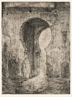 HENRY OSSAWA TANNER (1859 -1937) Gate of Tangier.: HENRY OSSAWA TANNER (1859 -1937) Gate of Tangier. Etching, circa 1910. 121x89 mm; 4¾x3½ inches, full margins. A posthumous printing.A very good, dark impression, richly inked with dark