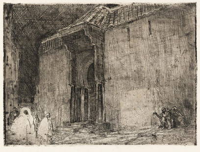 HENRY OSSAWA TANNER (1859 -1937) Mosque, Tangier.: HENRY OSSAWA TANNER (1859 -1937) Mosque, Tangier. Etching, circa 1912-14. 175x238 mm; 6 x9 inches, full margins. A posthumous printing.A very good, dark impression, richly inked with dark edges.Proven