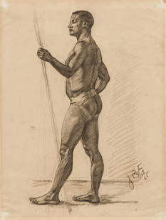 JAMES A. PORTER (1905 - 1970) Untitled (Male Nude) .: JAMES A. PORTER (1905 - 1970) Untitled (Male Nude) . Charcoal on cream laid paper, 1925. 635x483 mm; 25x19 inches. Signed and dated "Oct. '25" in charcoal, lower right recto. With an unfinished