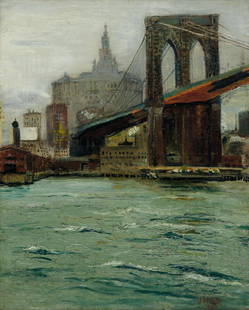 JOHN HAROLD DEVON ROBINSON (1895 - 1970) Untitled: JOHN HAROLD DEVON ROBINSON (1895 - 1970) Untitled (Brooklyn Bridge) . Oil on linen canvas, 1925. 508x406 mm; 20x16 inches. Initialed and dated in oil, lower right.Provenance: private collection,