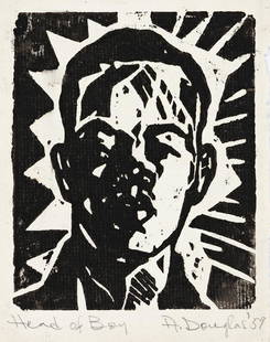 AARON DOUGLAS (1899 - 1979) Head of Boy (Portrait of: AARON DOUGLAS (1899 - 1979) Head of Boy (Portrait of Langston Hughes) . Woodcut on cream laid paper, circa 1926. 120x102 mm; 4¾x4 inches, 1/4 to 3/4- inch margins. Signed, titled and dated