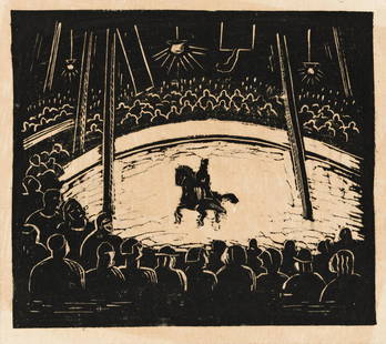 JAMES LESESNE WELLS (1902 - 1992) Circus.: JAMES LESESNE WELLS (1902 - 1992) Circus. Linoleum cut on cream thin Japan paper, circa 1928. 203x235 mm; 8x9¼ inches, full margins.A scarce example of early printmaking from the Harlem