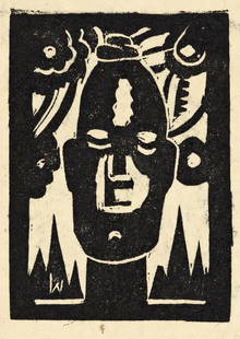 JAMES LESESNE WELLS (1902 - 1992) Untitled (African: JAMES LESESNE WELLS (1902 - 1992) Untitled (African Fetish) . Linoleum cut on tissue-thin Japan paper. circa 1929. 114x83 mm; 4½x3¼ wide margins.This very scarce Harlem Renaissance print is