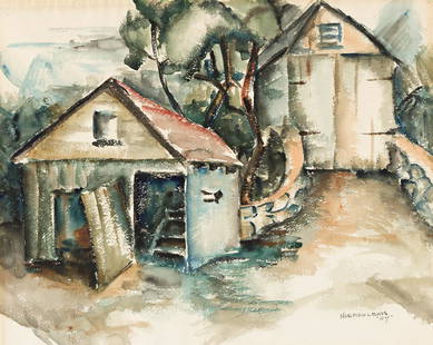 NORMAN LEWIS (1909 - 1979) Two Barns.: NORMAN LEWIS (1909 - 1979) Two Barns. Watercolor on cream wove paper, 1937. 450x570 mm; 17¾x22¼ inches. Signed and dated in pencil, lower right.Provenance: private collection, New