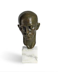 RICHMOND BARTHÉ (1901 - 1989) Head of a Dancer: RICHMOND BARTHÉ (1901 - 1989) Head of a Dancer (Harald Kreutzberg) . Cast bronze, with a brown patina, mounted on a white marble base, 1937. Approximately 311 mm; 12¼ inches high (not