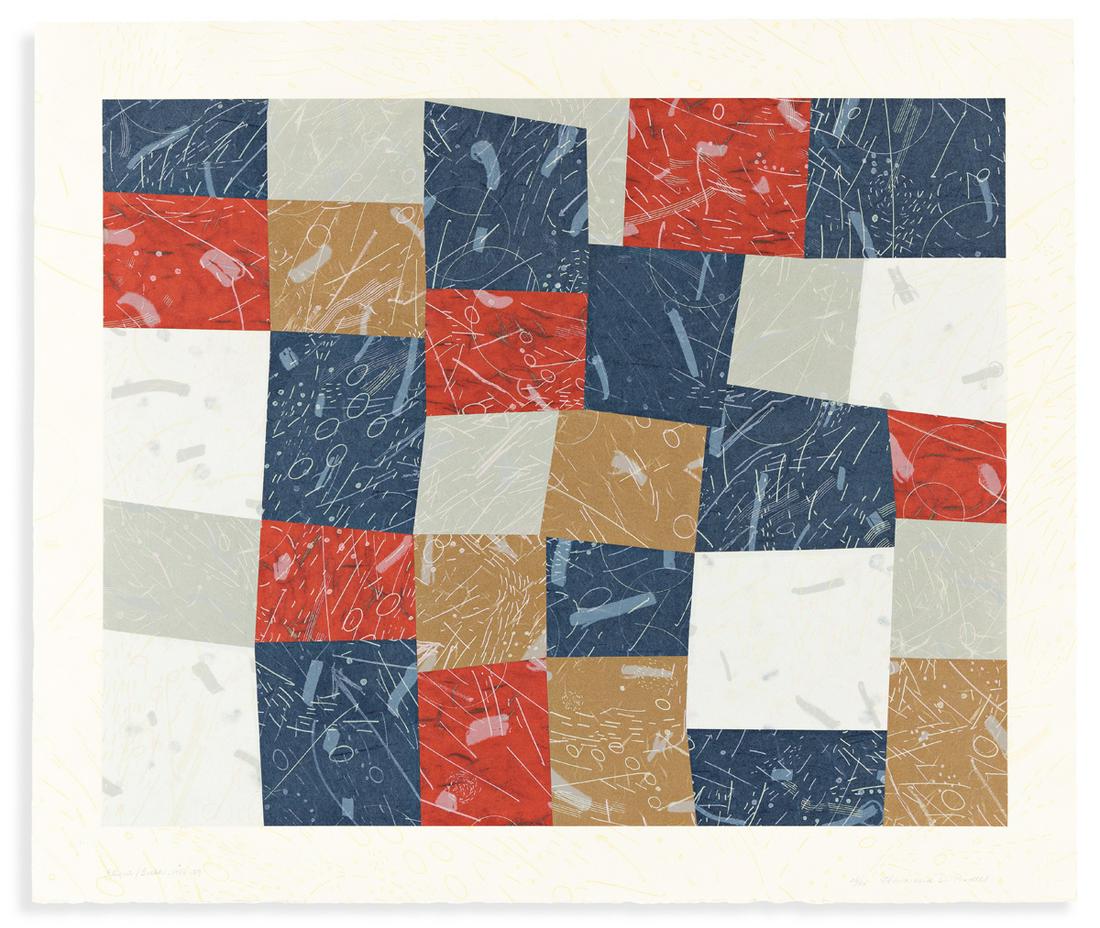 HOWARDENA PINDELL (1943 - ) Flight/Fields.: HOWARDENA PINDELL (1943 - ) Flight/Fields. Color lithograph with etching and collage, 1988-89. 495x584 mm; 19½x23 inches, full margins. Signed, dated, titled and numbered 26/30 in pencil, lower m