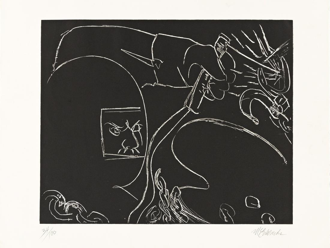 MELVIN EDWARDS (1937 - ) Untitled (Self-Portrait) .: MELVIN EDWARDS (1937 - ) Untitled (Self-Portrait) . Intaglio on Arches paper, circa 1998. 500x635 mm; 20x26 inches, full margins. Signed and numbered 34/100 in pencil, lower margin.