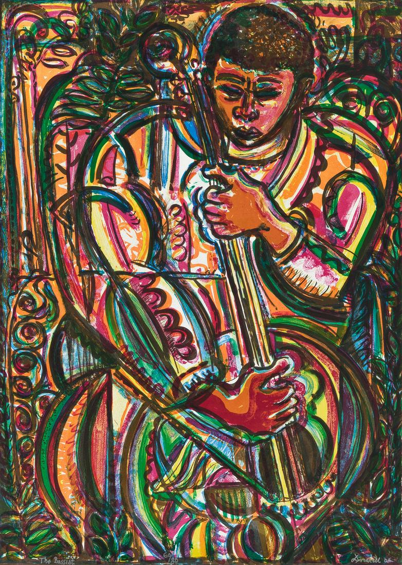 DAVID C. DRISKELL (1931 - 2020) The Bassist.: DAVID C. DRISKELL (1931 - 2020) The Bassist. Color lithograph, 2006. 760x540 mm; 29¾x21¼ inches, full margins. Signed, titled, dated and numbered 60/80 in white ink, lower edge. Printed and