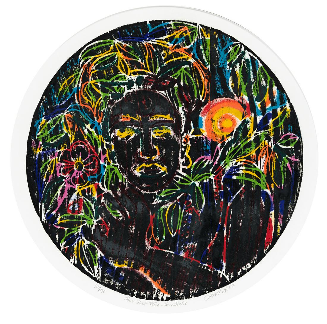 DAVID C. DRISKELL (1931 - 2020) Her Hat was Her Halo.: DAVID C. DRISKELL (1931 - 2020) Her Hat was Her Halo. Color linoleum cut, 2007. 432 mm; 17 inches diameter (tondo) , wide (full ?) margins. Signed, titled, dated and numbered 30/40 in pencil, lower ma
