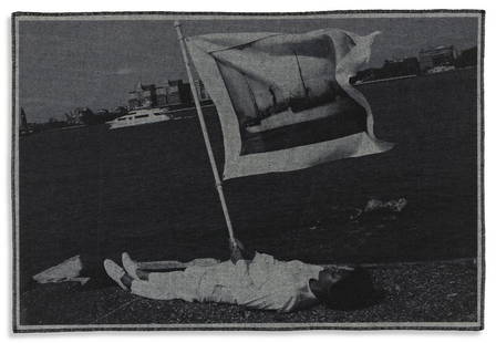 LATOYA RUBY FRAZIER (1982- ) Holding flag laying at: LATOYA RUBY FRAZIER (1982- ) Holding flag laying at the edge of Pier 54 and the Hudson River. U.V. digital print on denim, 2014. 427x630 mm; 16 x24 inches. With a certificate of authenticity, signed,