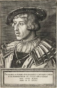 BARTHEL BEHAM Emperor Ferdinand I.: BARTHEL BEHAM Emperor Ferdinand I. Engraving, 1531. 207x134 mm; 8¼x5¼ inches. Second state (of 3), before the address of Heyden. Cardinal's hat watermark. Ex-collection Christian Gottlieb Cr