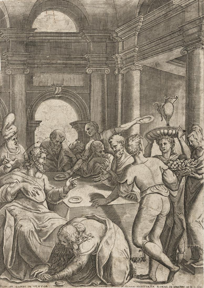 DIANA SCULTORI (after Giulio Campi) Mary Magdalene: DIANA SCULTORI (after Giulio Campi)Mary Magdalene Washing Christ's Feet.Engraving, 1575. 270x192 mm; 10¾x7¾ inches. Third state (of 4), before the address of the publisher Horatius Pacificus